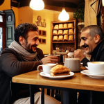 ** A cozy cafe in Istanbul, filled with warm light, serving Turkish coffee and baklava. People are chatting and laughing.

**