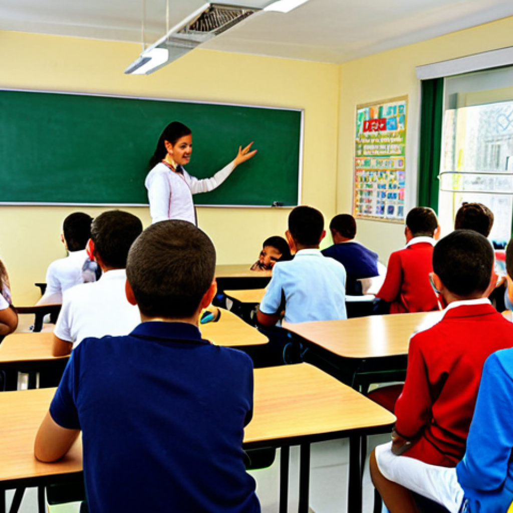 A bright and inviting middle school classroom in Turkey, filled with engaged students participating in a "Bilgi Yarışması" (Knowledge Competition). The scene showcases teamwork, with students collaborating to answer questions displayed on a smartboard. Awards are visible, and the teacher is encouraging the students. The classroom décor includes Turkish cultural elements.