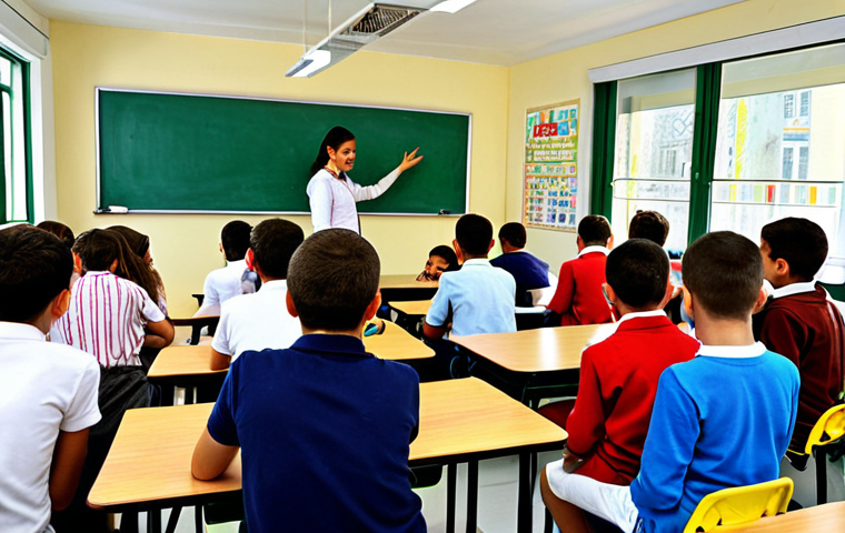 A bright and inviting middle school classroom in Turkey, filled with engaged students participating in a "Bilgi Yarışması" (Knowledge Competition). The scene showcases teamwork, with students collaborating to answer questions displayed on a smartboard. Awards are visible, and the teacher is encouraging the students. The classroom décor includes Turkish cultural elements.
