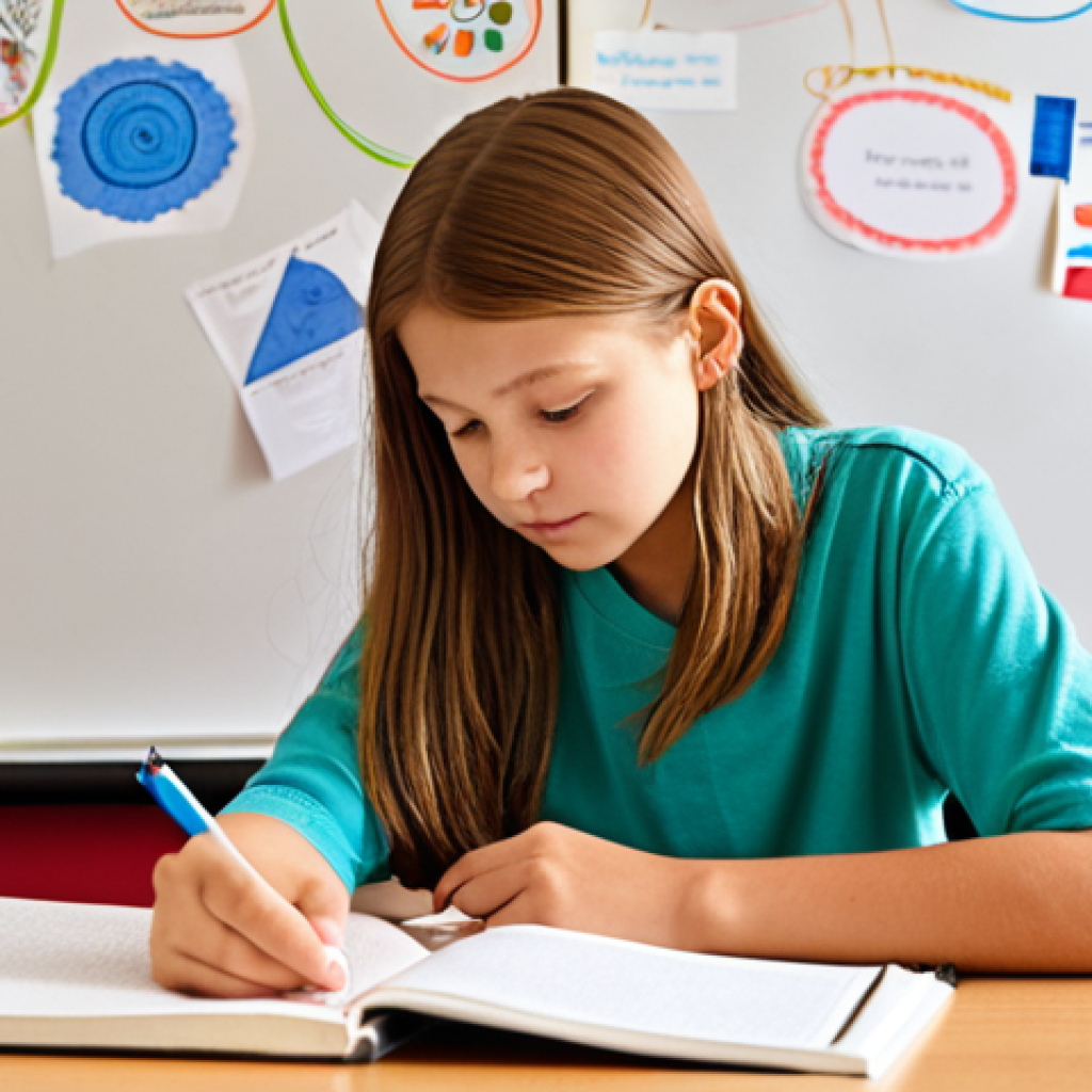 **Prompt:** A middle school student (around 12-14 years old) engaged in learning at a desk. A warm, supportive parent figure stands behind them, gently placing a hand on their shoulder, symbolizing guidance. The desk is filled with colorful mind maps, a tablet displaying educational videos, and a notebook, subtly representing diverse learning styles (visual, auditory, kinesthetic, reading/writing). The background is bright and encouraging, suggesting a nurturing environment where challenges are met with understanding and personalized support, like a compass guiding through a journey.