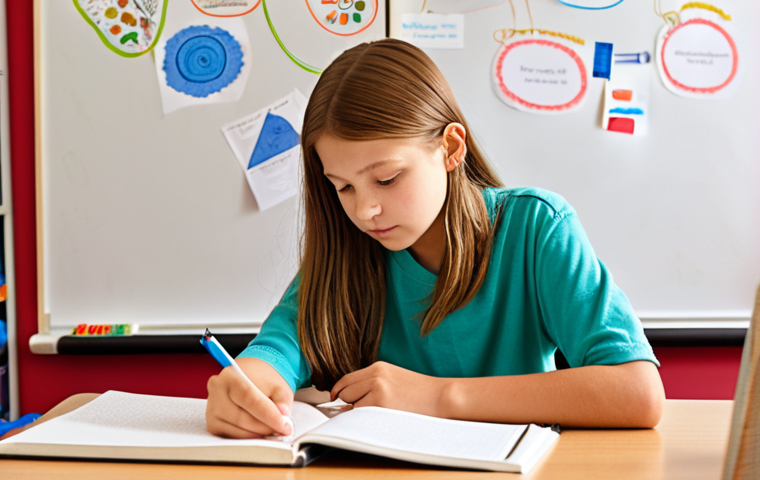 **Prompt:** A middle school student (around 12-14 years old) engaged in learning at a desk. A warm, supportive parent figure stands behind them, gently placing a hand on their shoulder, symbolizing guidance. The desk is filled with colorful mind maps, a tablet displaying educational videos, and a notebook, subtly representing diverse learning styles (visual, auditory, kinesthetic, reading/writing). The background is bright and encouraging, suggesting a nurturing environment where challenges are met with understanding and personalized support, like a compass guiding through a journey.