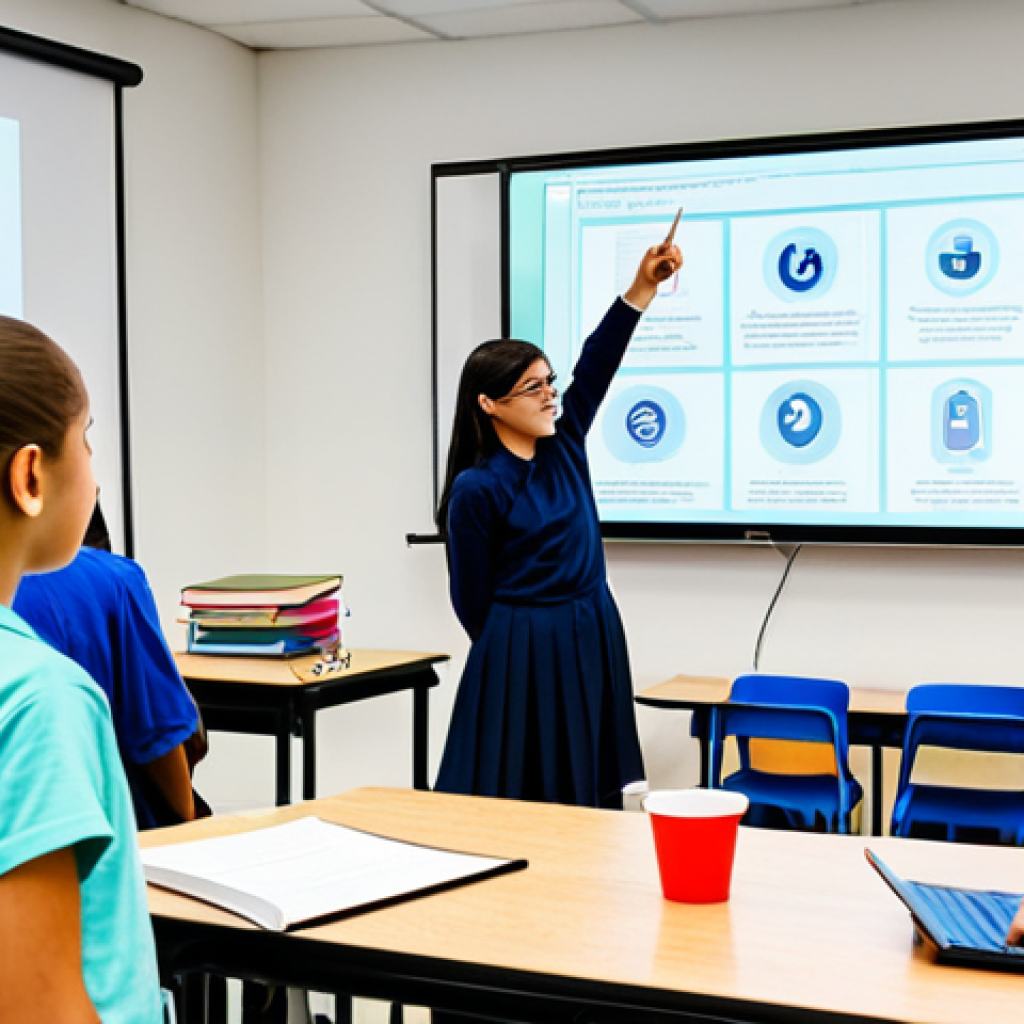 A diverse group of middle school students, fully clothed in appropriate, modest attire, engaged in an interactive ethics class in a modern, brightly lit classroom. A professional teacher guides them, pointing to a large digital screen displaying a diagram of "digital citizenship" principles and "critical thinking" concepts. Students are actively discussing, some holding tablets, showing well-formed hands and natural body proportions. The scene is well-composed, with perfect anatomy and correct proportions. The atmosphere is professional and collaborative, emphasizing learning and ethical reasoning. This image is safe for work, appropriate content, and family-friendly, showcasing a focus on modern moral education.