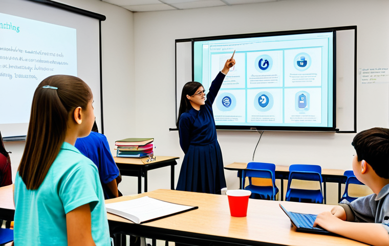 A diverse group of middle school students, fully clothed in appropriate, modest attire, engaged in an interactive ethics class in a modern, brightly lit classroom. A professional teacher guides them, pointing to a large digital screen displaying a diagram of "digital citizenship" principles and "critical thinking" concepts. Students are actively discussing, some holding tablets, showing well-formed hands and natural body proportions. The scene is well-composed, with perfect anatomy and correct proportions. The atmosphere is professional and collaborative, emphasizing learning and ethical reasoning. This image is safe for work, appropriate content, and family-friendly, showcasing a focus on modern moral education.