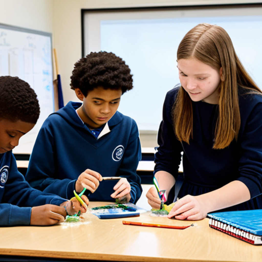 A diverse group of middle school students, fully clothed in modest and appropriate school attire, actively engaged in various club activities within bright, modern school classrooms. One student conducts a science experiment at a lab bench, another paints on an easel in an art studio, and a third codes on a laptop at a desk. The scene emphasizes collaboration and discovery. Professional photography, high quality, perfect anatomy, correct proportions, natural pose, well-formed hands, proper finger count, natural body proportions, safe for work, appropriate content, fully clothed, professional, family-friendly.