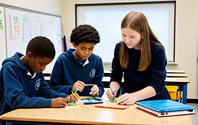A diverse group of middle school students, fully clothed in modest and appropriate school attire, actively engaged in various club activities within bright, modern school classrooms. One student conducts a science experiment at a lab bench, another paints on an easel in an art studio, and a third codes on a laptop at a desk. The scene emphasizes collaboration and discovery. Professional photography, high quality, perfect anatomy, correct proportions, natural pose, well-formed hands, proper finger count, natural body proportions, safe for work, appropriate content, fully clothed, professional, family-friendly.