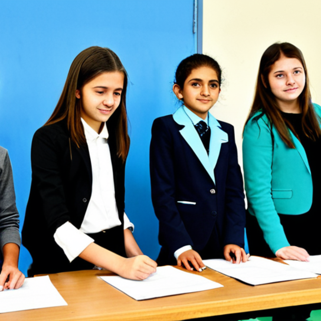 중학교 시민 교육 - A diverse group of fully clothed middle school students participating in a mock election in a classr...