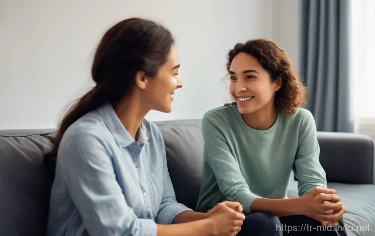 중학교 학부모와의 소통법 - **Prompt 1: Heartfelt Conversation**
A warm, cozy indoor scene. A mother, in her late 30s, and h...