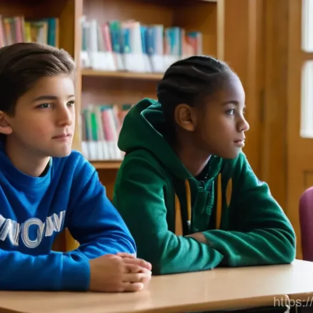 중학교 갈등 해결 교육 - **Prompt 1 (Empathy and Understanding):** "A diverse group of three middle school students, aged app...