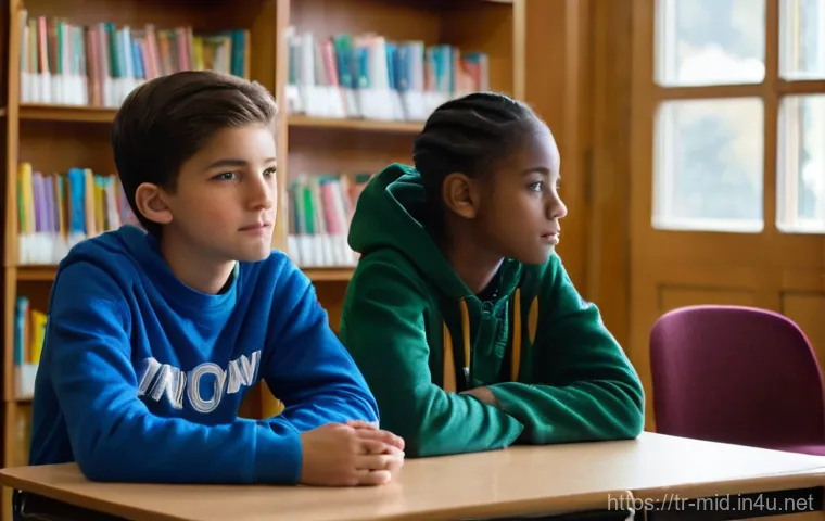 중학교 갈등 해결 교육 - **Prompt 1 (Empathy and Understanding):** "A diverse group of three middle school students, aged app...