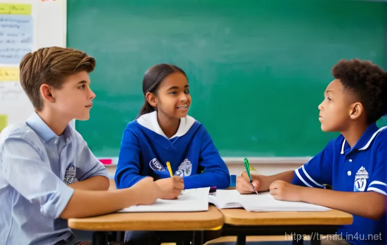 중학교 갈등 해결 교육 - **Prompt 1 (Empathy and Understanding):** "A diverse group of three middle school students, aged app...