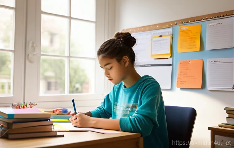 중학교 자기 조절 학습법 - **Prompt 1: Focused Learning Environment**
    A bright, clean, and well-organized study desk in a t...