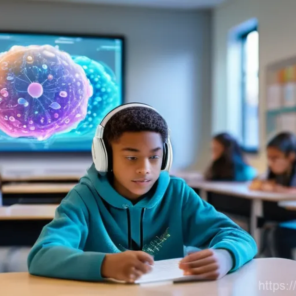 중학교 AI 기반 학습 분석 - **Prompt:** A vibrant, futuristic classroom scene. A middle school student, approximately 13 years o...