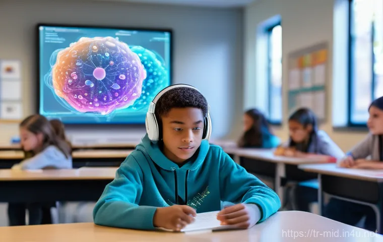 중학교 AI 기반 학습 분석 - **Prompt:** A vibrant, futuristic classroom scene. A middle school student, approximately 13 years o...