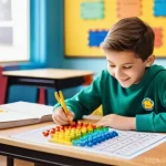 중학교 온라인 학습 도구 - **Interactive Math Adventure:**
A joyful and focused middle school student, approximately 13 yea...