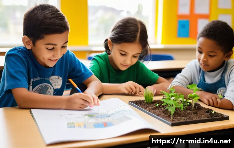중학교 융합 교육 - **Prompt:** A vibrant, sunlit elementary school classroom where a diverse group of 8-10 year old chi...